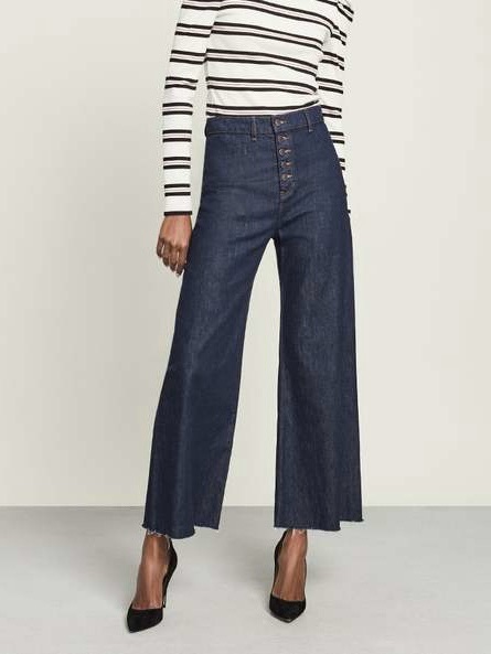 Veronica Beard Grant Wide Leg Jean In Indigo High Rise Button-Fly Raw Hem Blue